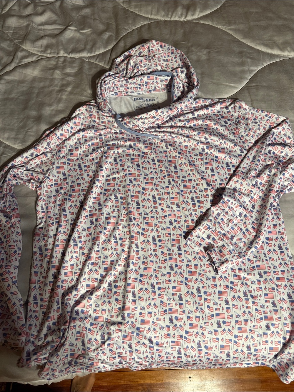 BURLEBO White Hooded Pullover with Red & Blue Flag Motif